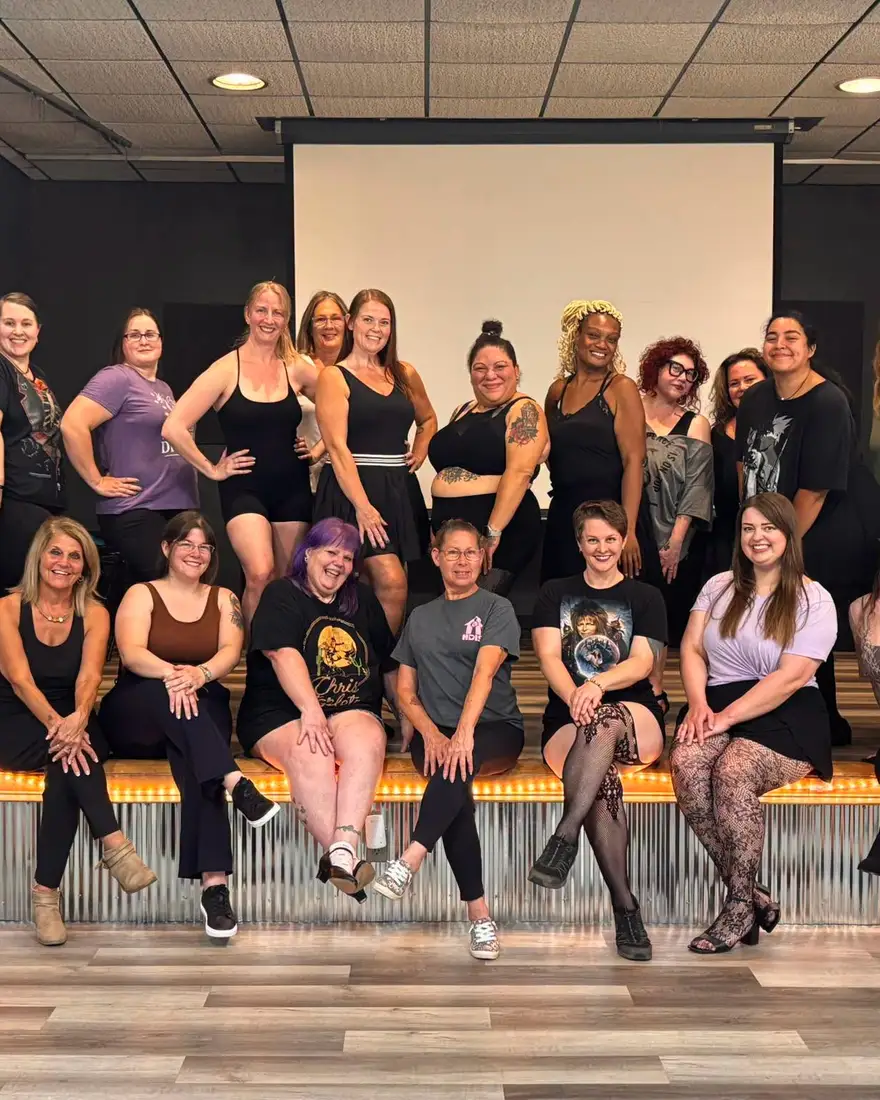 The burlesque class together after a session at Effervescent Studios in Granite City