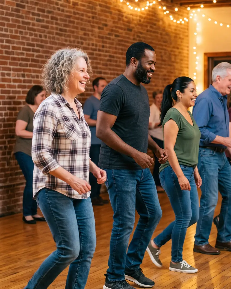A row of adults line dancing together in the studio at Effervescent Studios in Granite City, IL